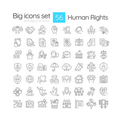 Human rights linear icons set. Civil service. Legislation, equality. Social justice, compliance. Customizable thin line symbols. Isolated vector outline illustrations. Editable stroke