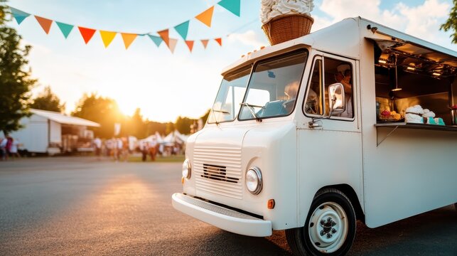 A vintage ice cream truck, decorated with flags, is parked at a sun-drenched carnival, offering delicious treats to festival-goers enjoying the summer day. - Powered by Adobe