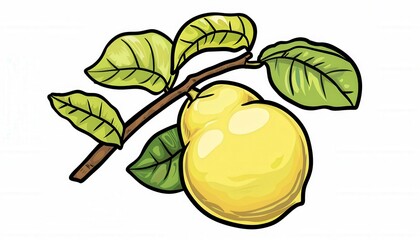 A ripe yellow lemon hangs from a leafy branch. Ideal for food illustrations, recipe books, or educational materials about citrus fruits.
