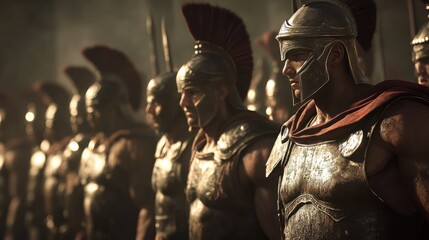 Brave warriors in gleaming armor stand ready for battle in a historic arena under the golden glow of an ancient sun