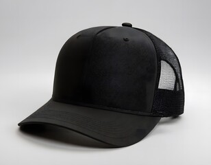 Blank trucker shining hat mockup isolated on a dark white greyish background photography closeup shot
