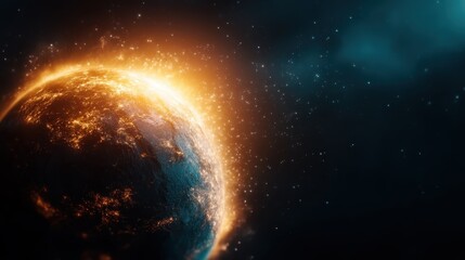 A visually striking image of a fiery planet encircled by shimmering cosmic dust, illustrating the majestic interplay of celestial bodies amidst a starry galaxy.