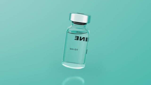 Sealed 10ml Vaccine Ampoule Rotates on Blue-Green Background. Looping Animation.