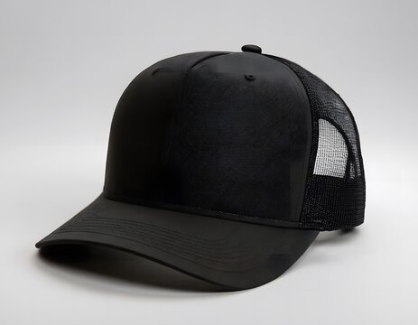Blank trucker shining hat mockup isolated on a dark white greyish background photography closeup shot
