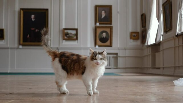 domestic cat in another castle palace with paintings. whiskered four-legged friend of the family