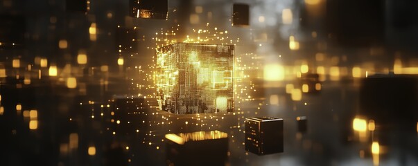 Obraz premium Golden glowing square at the center of an abstract futuristic background with circuit board and chip elements, surrounded by dark tones, black squares, and white cube details.