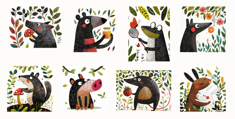 A group of various wild animals in the forest. A set of cute animal illustrations for a childrens book. AI-generated illustration