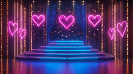 A grand stage adorned with neon pink heart lights, blue steps, and glowing curtains for a romantic celebration.