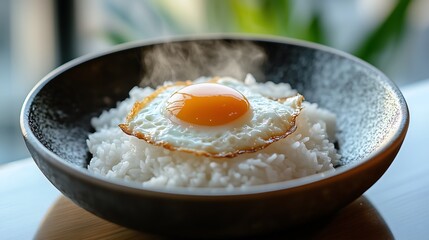 A plate of steaming hot rice served with a fried egg. The yolk is shiny and slightly runny. This dish is elegantly presented on a simple, elegant plate.