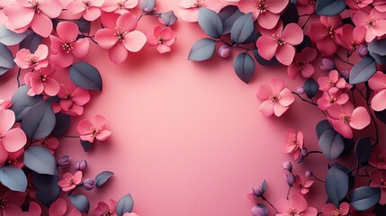 A soft pink backdrop with bold flat angular designs forming a decorative frame and an uncluttered middle area 