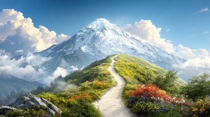Fototapeta premium The illustration depicts a narrow path winding its way up the steep slope of a majestic mountain, flanked by lush greenery and colorful wildflowers