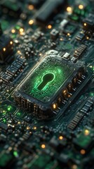 Obraz premium Glowing Keyhole Mysteriously Embedded in Futuristic Circuit Board: Close-Up 3D Render. AI Generated