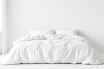 White bed with fluffy duvet and pillows in a minimalistic interior, soft lighting, white background, concept of relaxation and comfort. Ai generative