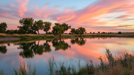 Obraz premium Serene Sunset Reflection on a Tranquil Lake