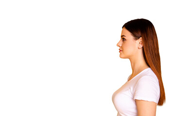 Close up side profile photo beautiful her she lady long straight perfect ideal hair look empty...