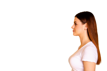 Close up side profile photo beautiful her she lady long straight perfect ideal hair look empty space not smiling attractive appearance wear casual simple white t-shirt isolated yellow background