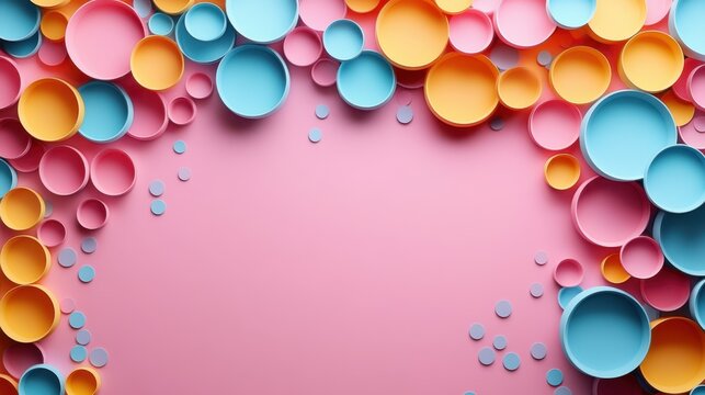 A soft pink backdrop with bold overlapping circles forming a flat decorative border and an uncluttered central section 