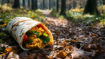 Obraz premium A vegetarian wrap with hummus on a forest trail