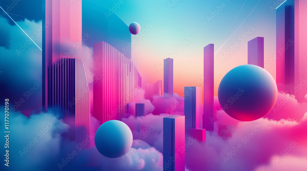 Poster Digital design of abstract structures in vibrant colors and shapes. Generative AI