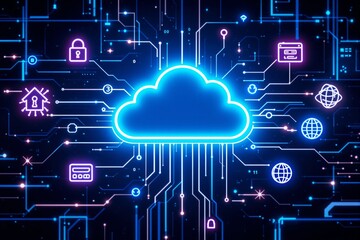 Neon cloud icon with digital circuits, icons symbolizing data, security, and global communication on a dark background. Concept of cloud storage. Ai generative