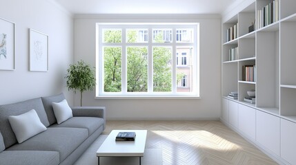 Modern Scandinavian living room featuring grey sofas, white wooden floor, and large windows with a serene garden view