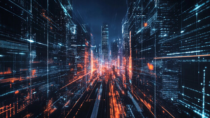 Fototapeta premium Digital cityscape with vibrant lights showcasing modern architecture. Generative AI