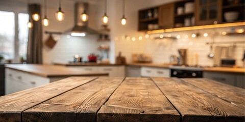 Rustic Wooden Tabletop with Blurred Background of a Cozy Kitchen Featuring Warm Lighting and Cabinets