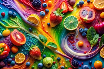 Fototapeta premium Abstract Colorful Food Photography: Vibrant Splashes of Fruit and Vegetable Art