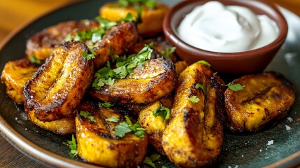 A plate of fried plantains served with a side of sour cream on the side