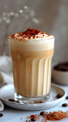 Hot cup of Portuguese galo creamy and light brown served in a tall glass cup with a saucer set on a clean white surface