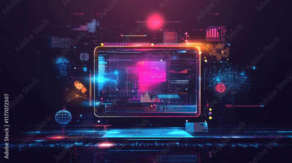 Poster bright colors and dynamic graphs represent data analysis in a high-tech digital setting