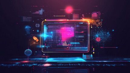 Bright colors and dynamic graphs represent data analysis in a high-tech digital setting