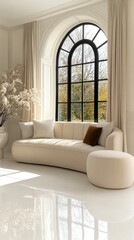 Bright, spacious setting with clean lines, soft light from curtains, and a potted plant adding a touch of tranquility