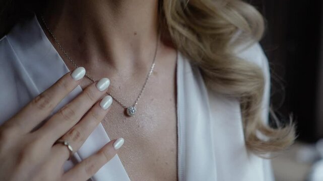 a beautiful young bride in a white dress with an open neckline hangs pearl jewelry on her neck and strokes her body, morning preparations before the wedding ceremony