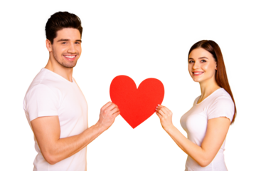 Close up side profile photo amazing beautiful she her he him his guy lady bonding hold hands arms big paper heart shape figure postcard wear casual white t-shirts outfit isolated yellow background