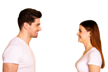 Close up side profile photo funny amazing beautiful she her he him his guy lady laugh laughter stand opposite wait first who take eyes off wear casual white t-shirts outfit isolated yellow background
