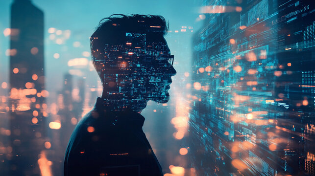 Silhouette of a person interacting with digital elements amid urban skyscrapers