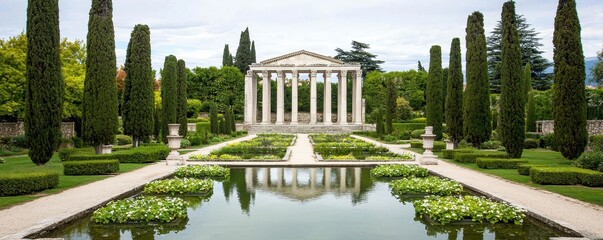 Obraz premium Serene Formal Garden with Classic Temple and Reflecting Pool Lush Greenery and Cypress Trees