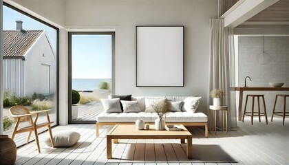 Fototapeta premium minimalist and modern interior design with a breathtaking ocean view. The open-plan living space seamlessly connects the indoors with the outdoors, featuring floor-to-ceiling windows searching view, f