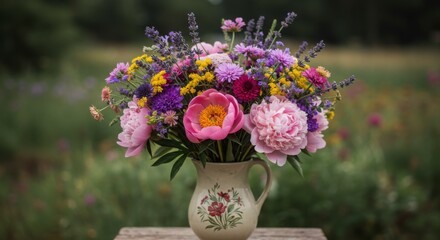 Colorful Wildflower Bouquet in Ceramic Vase with Peonies, Lavender, and Daisies