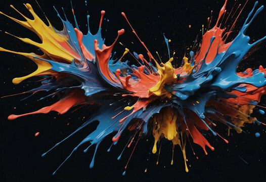 Vibrant splashes of blue, orange, and yellow paint create an explosion of color against a dark background