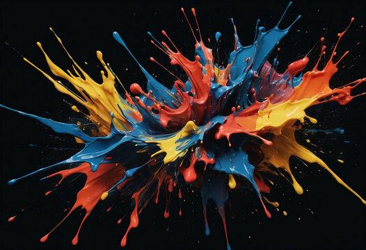 Colorful splashes of paint explode artistically against a black background, showcasing the vibrant interplay of blue, red, yellow, and orange in an abstract display during a creative art session