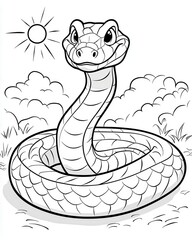 Fototapeta premium Adorable Cartoon Snake Coiled in Grass Sunny Day Coloring Page Illustration