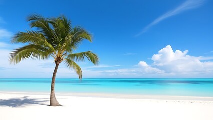 Fototapeta premium A shiny weather on a beach with a palm tree in the background