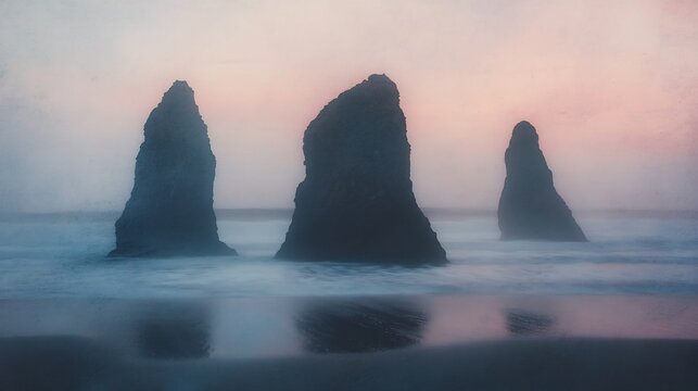 Serene Sunset at Oregon Coast: Three Majestic Sea Stacks