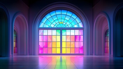 Fototapeta premium Vibrant stained glass window showcasing intricate green patterns, sunlight filtering through, illuminating the surrounding space with color.
