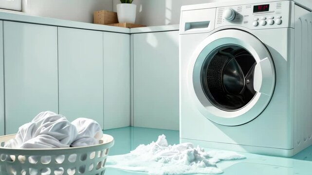 Leaky washing machine flooded the floor with water. Broken washing machine, leak causing damage, flooding problem