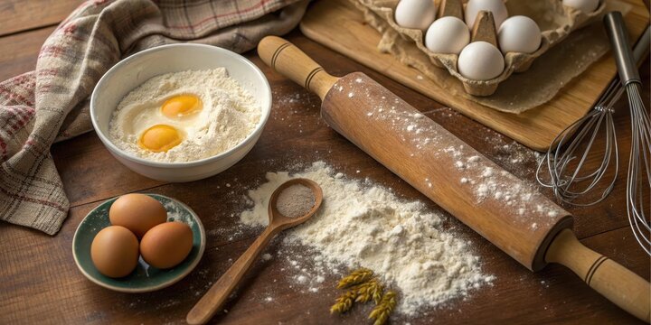 Preparing Homemade Bread A Rustic Kitchen Scene with Flour, Eggs, and Baking Tools - Powered by Adobe