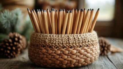 Collection of wooden sticks displayed in an antique box on a wooden surface