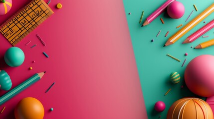 Colorful back-to-school sale template with vibrant school supplies, clean layout for discount text, playful and modern style, lively colors